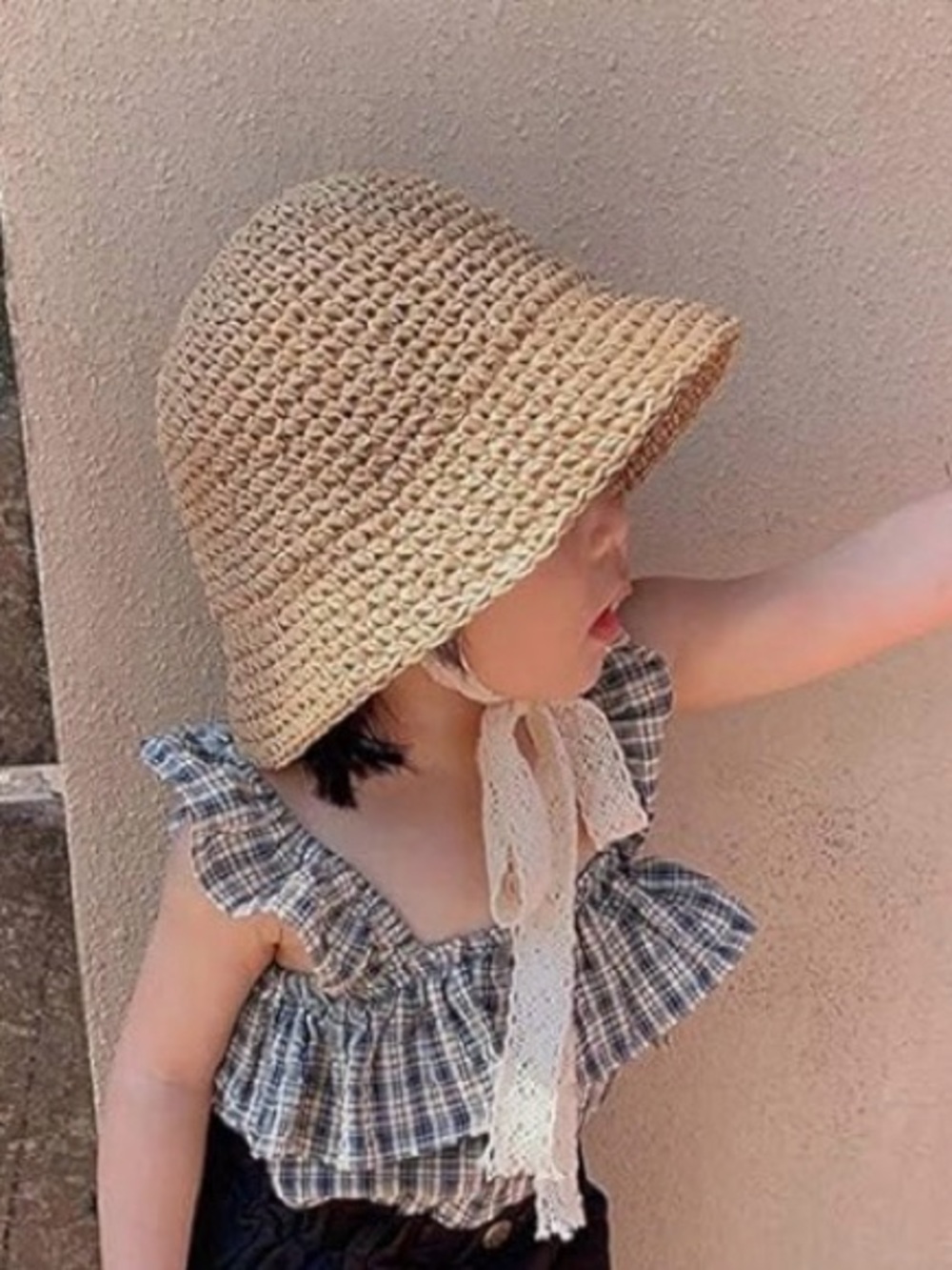 Girls 100% Crochet Paper Sun Hat with Lace Ribbon Ties 2-5 Years